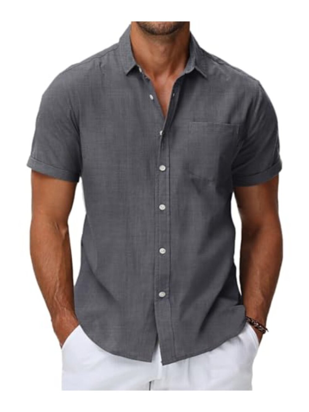 Mens Short Sleeve Button Up Cotton Linen Shirt Relaxed Fit Casual